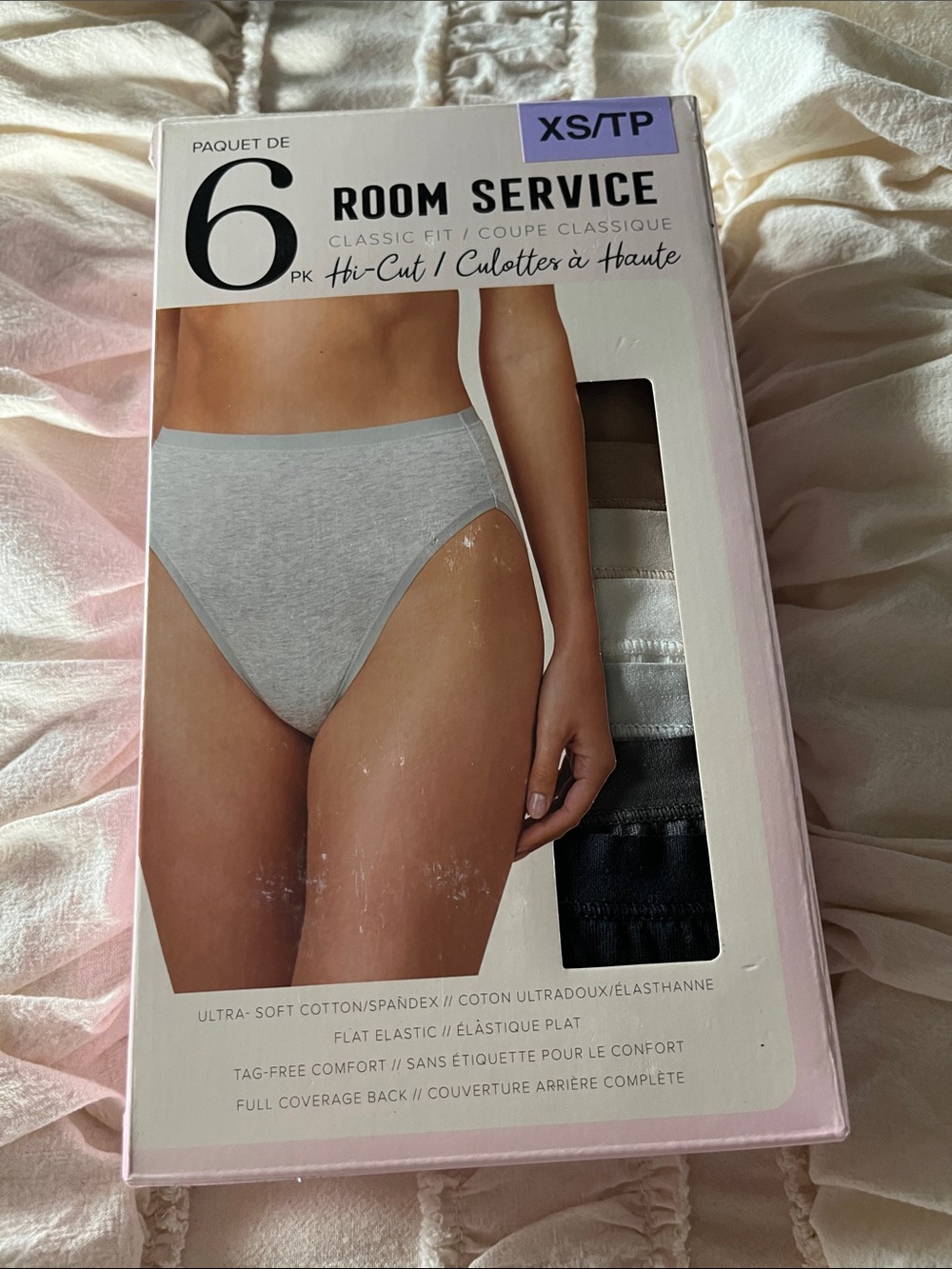 Room Service Womens Hi-Cut Cotton-Blend Panties - XS, 6-Pack (Gray/White/Black)